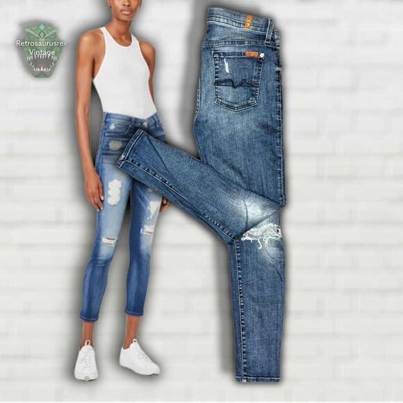 7 For All Mankind the Ankle Skinny Blue Wash Distressed Jeans 7FAM Size 29 x 28 - Picture 1 of 12